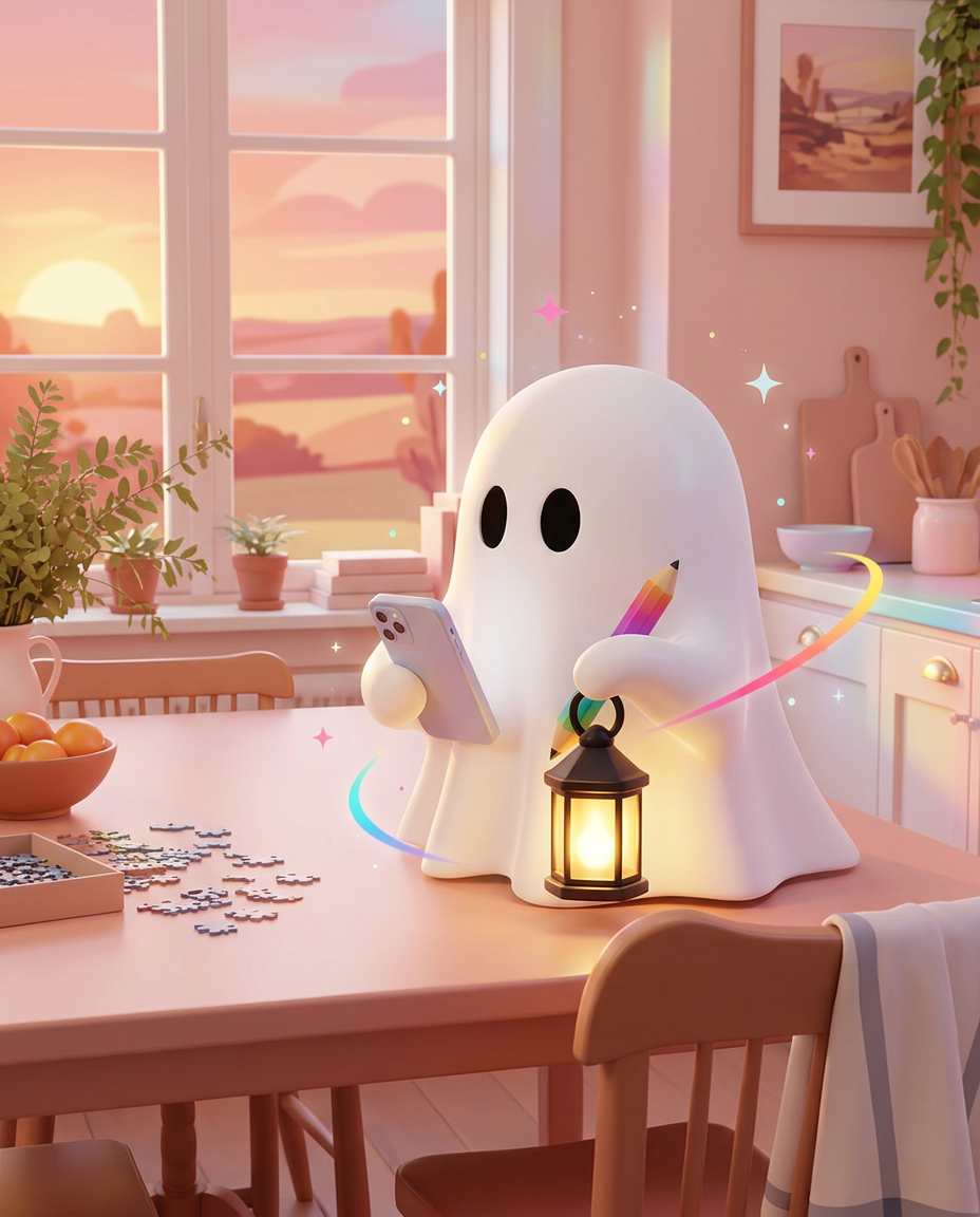 Fantasma da Lumina usando o celular em uma cozinha rosa