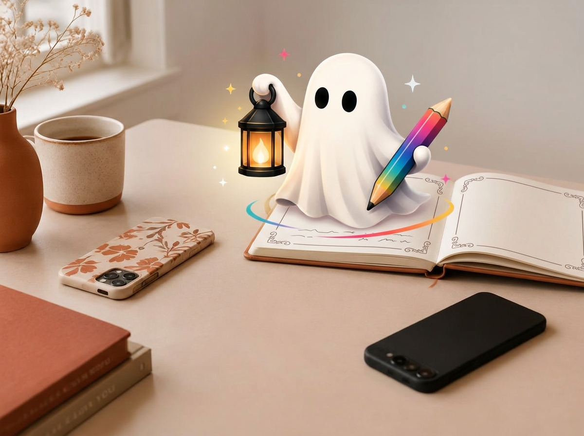 Fantasma da Lumina organizando um caderno entre dois celulares separados